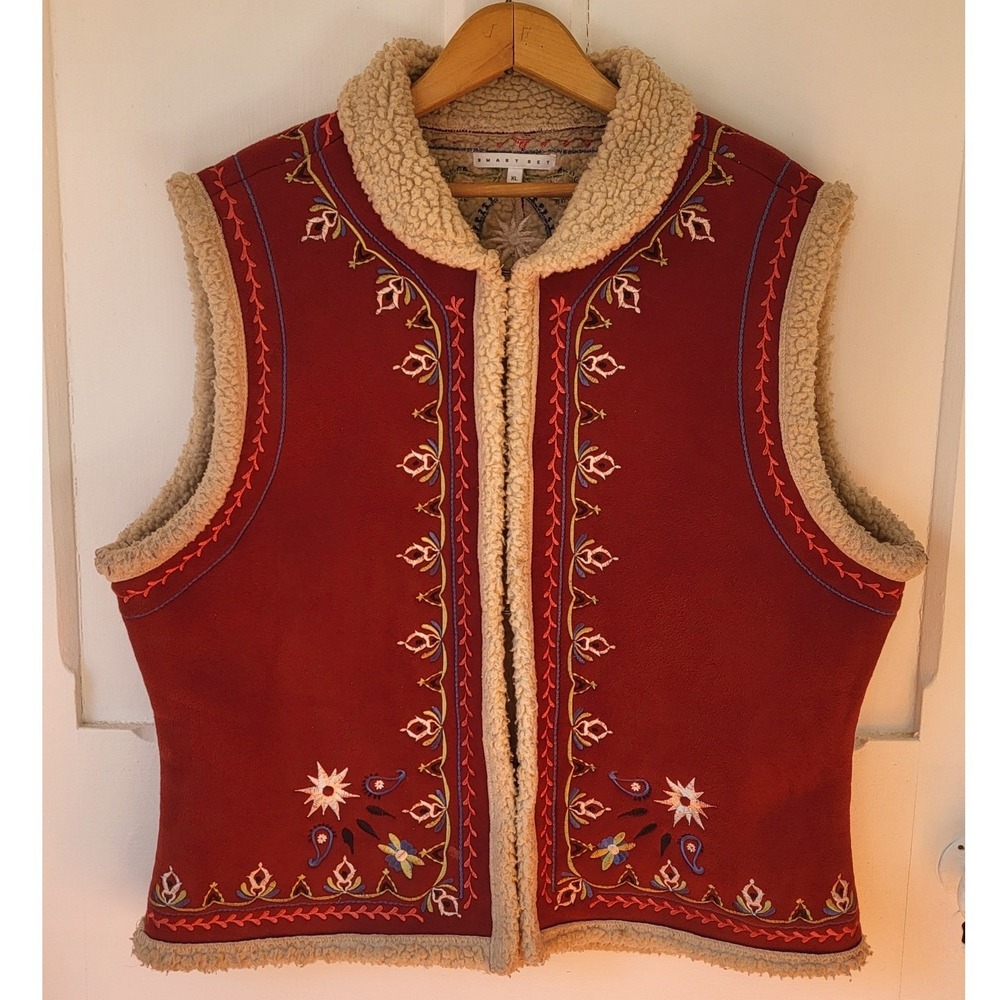 Vintage Red Embroidered Sherpa Vest Boho Hippie Festival Size XL - Picture 6 of 16